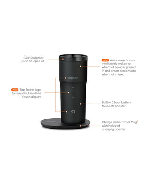 Electric Coffee Travel Mug black V2 - 355ml kosketusnäytöllä ja latausalustalla mustana, tyylikäs muotoilu.