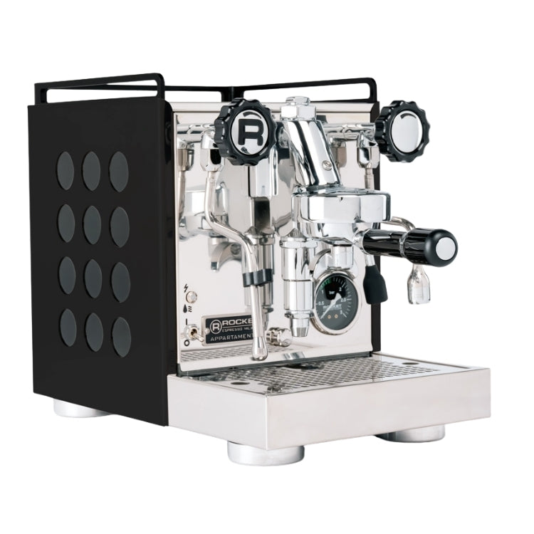 Kompakt Rocket espressomaskin i rostfritt stål med svart sidopanel och portafilter, allt om kaffe.